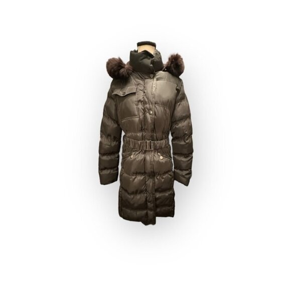 M Women’s Detachable Fur Hood Knee Length Belt Puffer - Picture 4 of 12